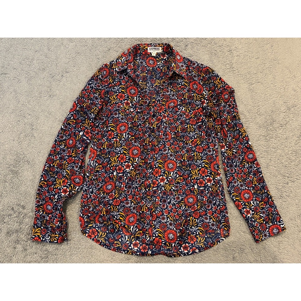 Express Portofino Blouse Womens XS Floral Button Up Slim Fit Roll Tab Top